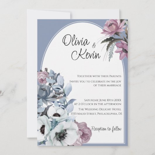 Dusty Blauw en Roze Bloemen Moderne Boog Bruiloft Kaart (Voorkant)