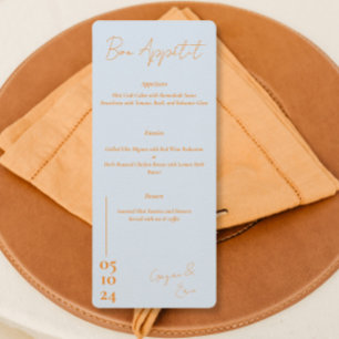 Dusty blauw en sinaasappel Letter Bruiloft menu