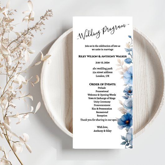 Dusty Blauw en wit bloemen bruiloft Programma