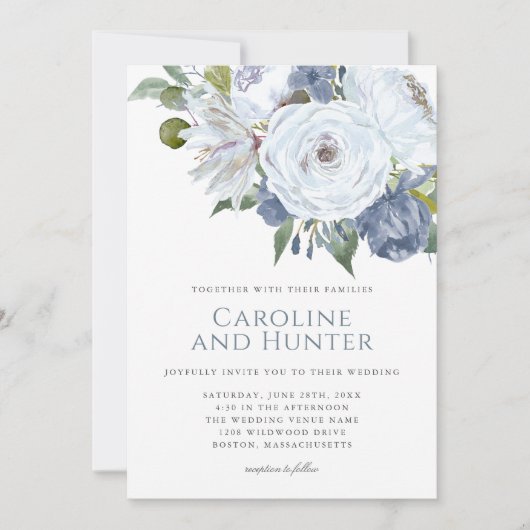 Dusty Blauw en Wit Waterverf Bloemenbruiloft Kaart (Voorkant)