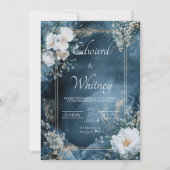 Dusty Blauw & Goud Bloemen Huwelijksuitnodiging Kaart (Voorkant)