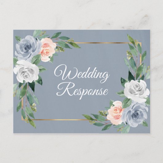 Dusty Blauw Goud Blush Roze Peach Bruiloft RSVP Uitnodiging Briefkaart (Voorkant)