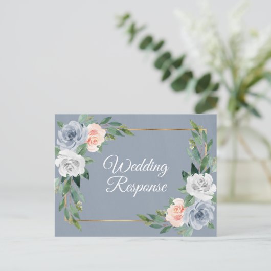 Dusty Blauw Goud Blush Roze Peach Bruiloft RSVP Uitnodiging Briefkaart (Staand voorkant)