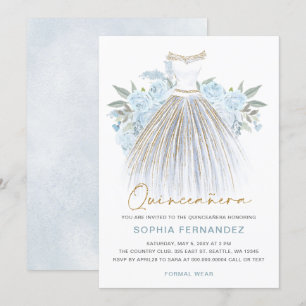 Dusty Blauw goud glitter Bloemen Jurk Quinceañera Kaart