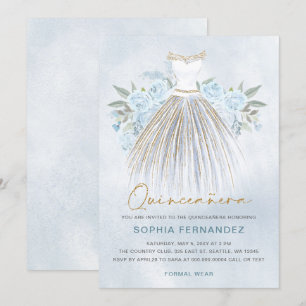 Dusty Blauw goud glitter Bloemen Jurk Quinceañera Kaart