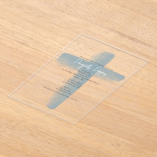 Dusty Blauw Grieks Orthodoxe doop jongen Acryl Uitnodigingen (Laagn)