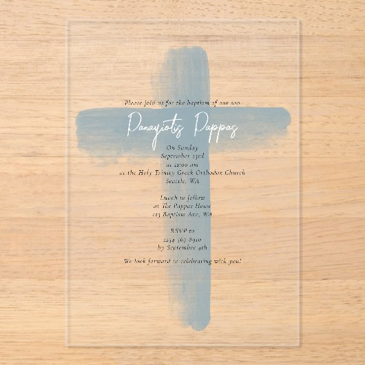Dusty Blauw Grieks Orthodoxe doop jongen Acryl Uitnodigingen (Voorkant)