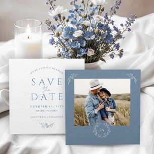 Dusty Blauw Monogram Bruiloft Save The Date Kaart