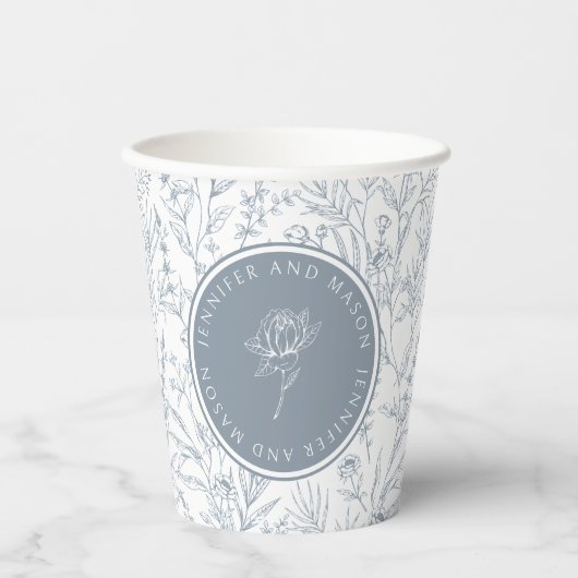 Dusty blauw roos monogram bruiloft papier bekers (Voorkant)
