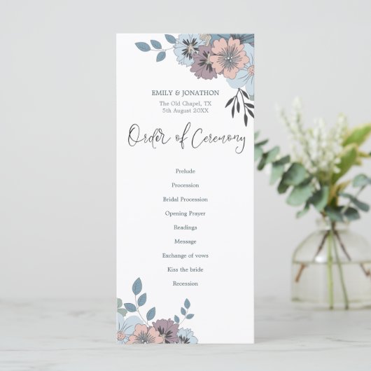 Dusty Blauw Roze Bloemen Stijlvol Script Bruiloft Programma (Staand voorkant)