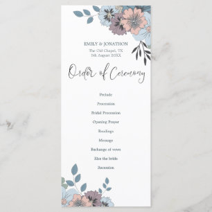 Dusty Blauw Roze Bloemen Stijlvol Script Bruiloft Programma