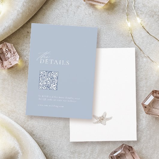Dusty blauw strand bruiloft QR code details Informatiekaartje