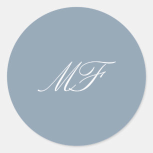 Dusty Blauw Wit Formele Klassieke Monogram Huwelij Ronde Sticker