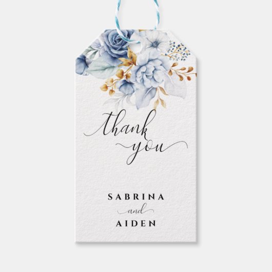 Dusty Blauw Wit Goud Bloemen Bruiloft Cadeaulabel (Voorkant)