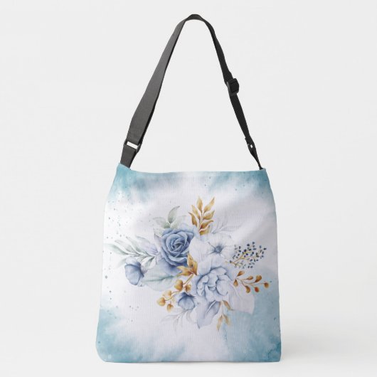 Dusty Blauw Wit Goud Bloemen Bruiloft Crossbody Tas (Achterkant)