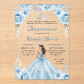 Dusty Blauw & Zilver Bloemen Prinses Quinceañera Acryl Uitnodigingen (Voorkant)