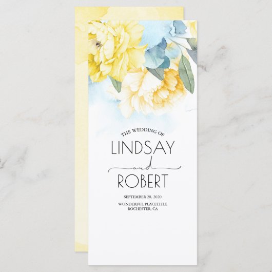 Dusty Blauwe en Gele Bloemen Trouwprogramma's Programma (Voorkant / Achterkant)