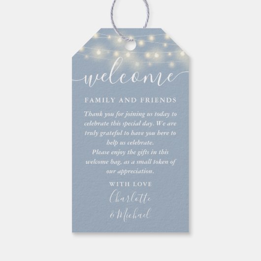 Dusty Blauwe Lichten Bruiloft Favor Welkomstmand B Cadeaulabel (Achterkant)