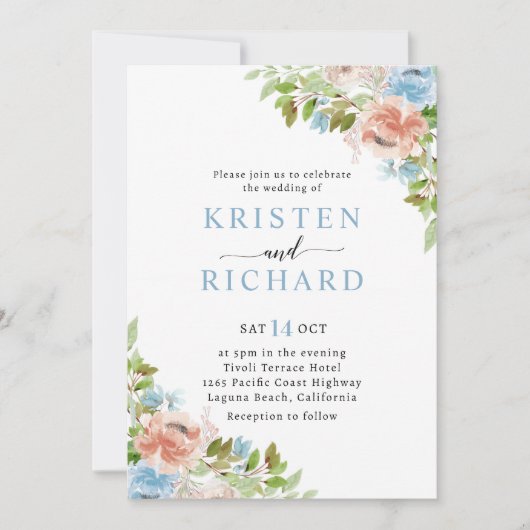 Dusty Blauwe Perzik Bloemen Groen Bruiloft Kaart (Voorkant)
