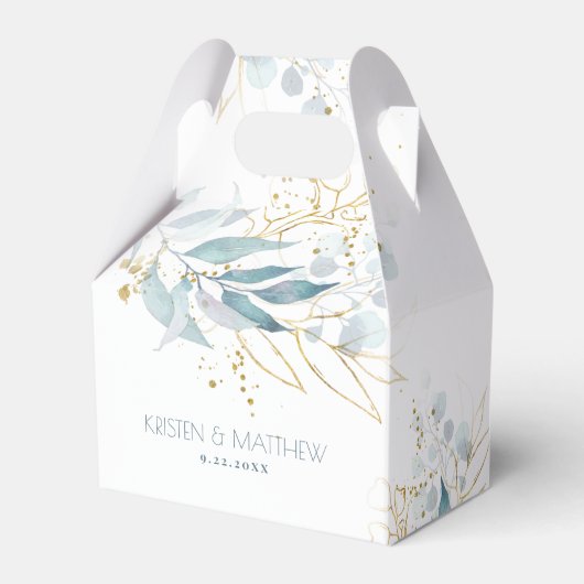 Dusty Blauwe Waterverf Gouden Accent Bruiloft Bedankdoosjes (Voorkant Zijde)