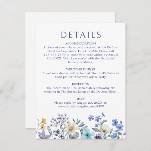 Dusty Blauwgroen Blue Wildflower Wedding Details Informatiekaartje (Voorkant / Achterkant)
