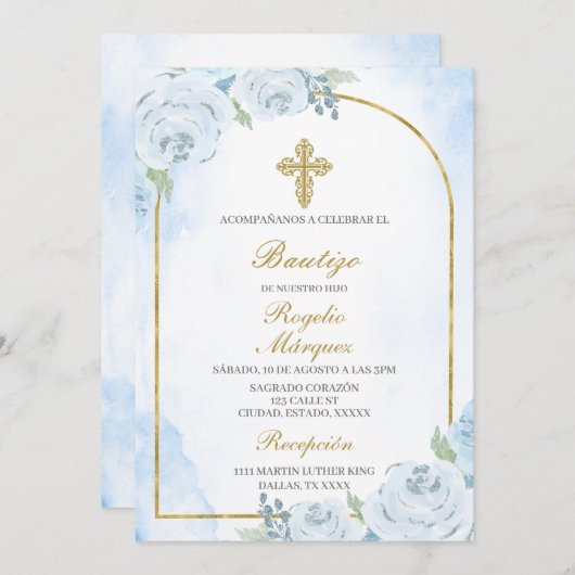 Dusty bleu garçon Baptême espagnol Invitation (Devant / Derrière)