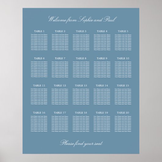 Dusty Blue 20 Table Wedding Seating Chart Poster (Voorkant)