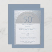 Dusty Blue 50th Birthday Silver Budget Invitation (Voorkant / Achterkant)