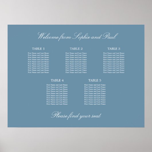 Dusty Blue 5 Table Wedding Seding Chart Poster (Voorkant)