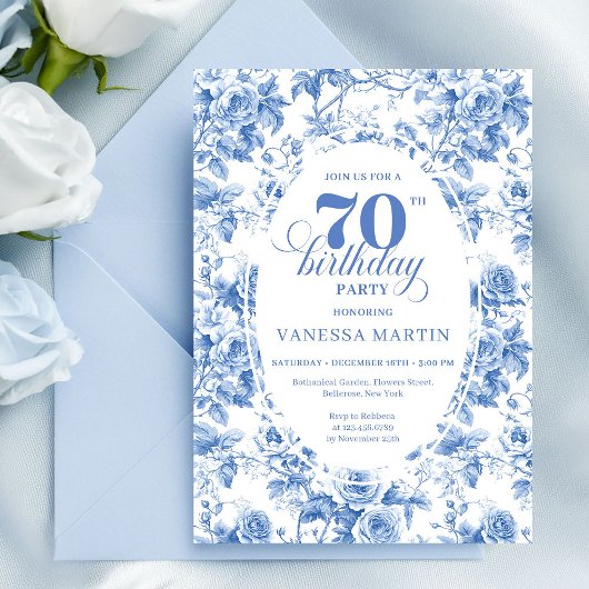 Dusty Blue 70th Birthday Floral Invitation Card