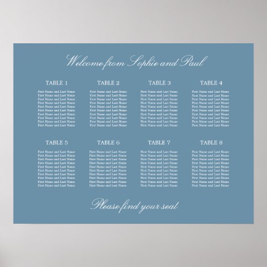 Dusty Blue 8 Table Wedding Seating Chart Poster (Voorkant)
