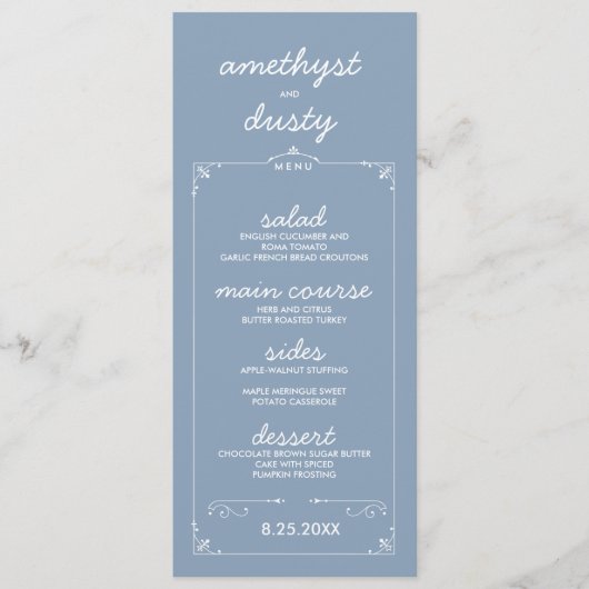 Dusty Blue Aangepaste Kleur Wedding Menu Kaarten (Voorkant)