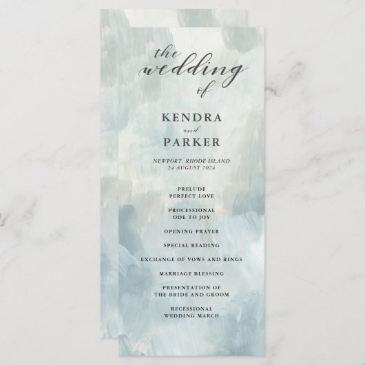 Dusty Blue Abstracte Brushstrokes bruiloft program Programma (Voorkant / Achterkant)