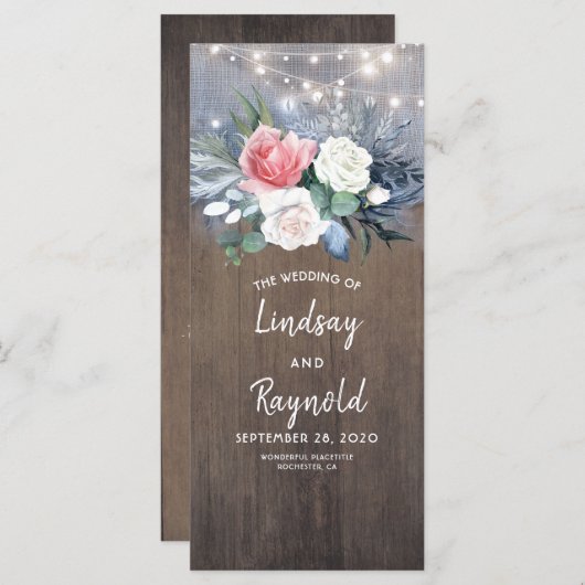 Dusty Blue and Blush Rustic Wood Wedding Programme (Devant / Derrière)