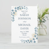 Dusty Blue And Gold Floral Wedding Save The Date (Staand voorkant)