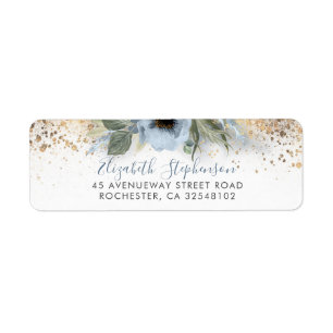 Dusty Blue and Gold Glitter Floral Trendy Etiket