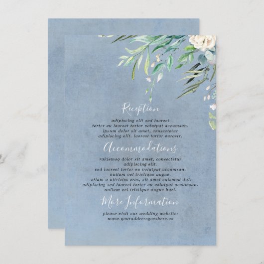 Dusty Blue and Greenery Bruiloft Informatie Gast Informatiekaartje (Voorkant / Achterkant)