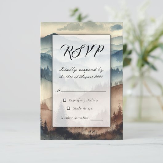 Dusty Blue and Mocha Brown Mountains RSVP Kaartje (Staand voorkant)