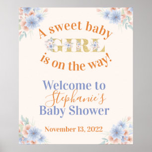 Dusty Blue and Peach Bloemen Meisjes Baby shower Poster