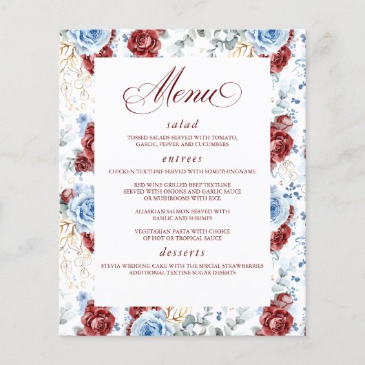 Dusty Blue and Red Floral Elegant Wedding Menu (Voorkant)
