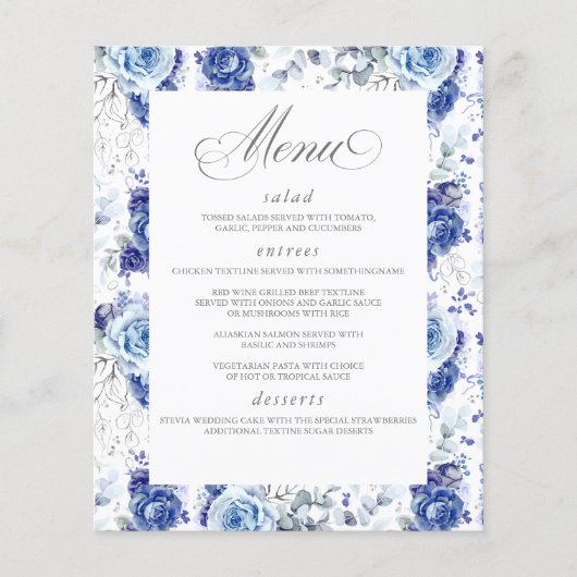 Dusty Blue and Silver Floral Elegant Wedding Menu (Voorkant)