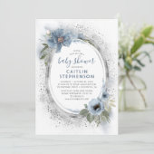 Dusty Blue and Silver Glitter Baby shower Kaart (Staand voorkant)
