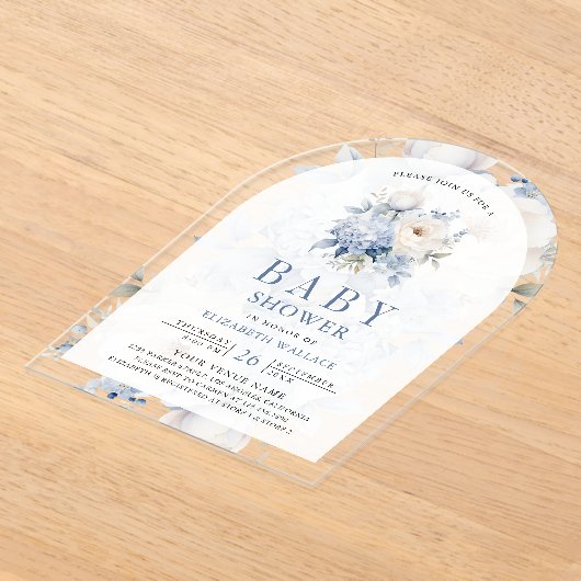 Dusty Blue and White Floral Baby shower Acryl Uitnodigingen (Laagn)