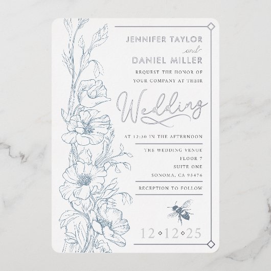 Dusty Blue Art Déco Fleur sauvage Faire-part de ma (Recto)