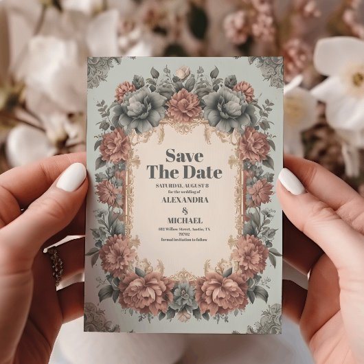 Dusty Blue Art Nieuwe Victoriaans bruiloft Save The Date