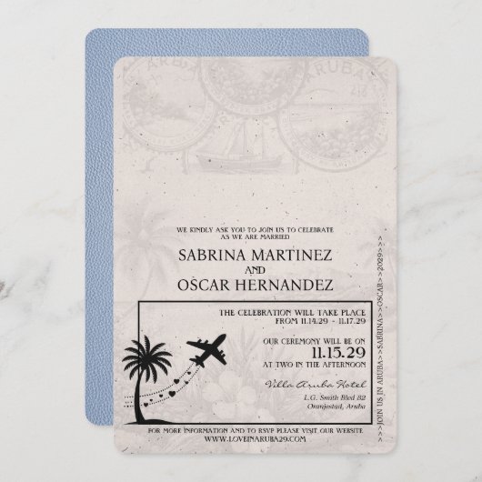 Dusty Blue Aruba Passport Faire-part de mariage (Devant / Derrière)