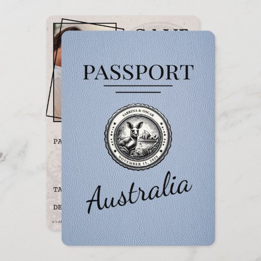 Dusty Blue Australia Passport Bewaar de datum Save The Date (Voorkant / Achterkant)
