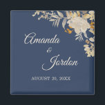 Dusty Blue Automne Boho Mariage Magnet<br><div class="desc">Cet aimant mariage Boho d'automne bleu Dusty combine une ambiance antique avec un look fleur sauvage bohème rétro. Les élégants fleurs sauvages beiges neutres, en plus de l'arrière - plan bleu poussiéreux, marine, avec sa typographie calligraphique classe, permettent un thème formel mais sauvage et fleuri, style vintage de célébration du...</div>