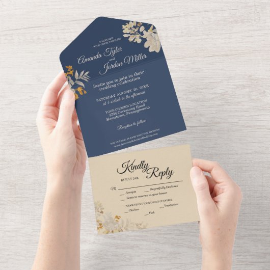 Dusty Blue Autumn Boho Wedding All In One Uitnodiging (Afscheurbaar)