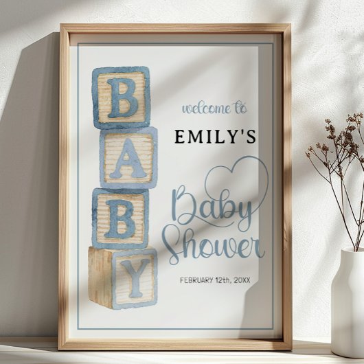 Dusty Blue Baby Blocks Baby Shower Welcome Poster